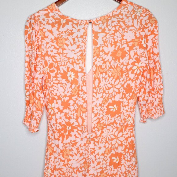 MINKPINK Marli Floral Mini Dress Orange Pink V-Neck Puff Sleeve Keyhole Back - Picture 15 of 16